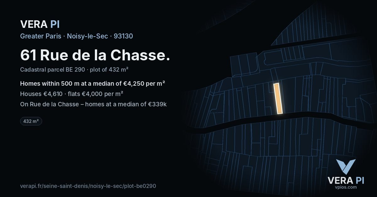 61 Rue de la Chasse, Noisy-le-Sec at night – the plot lit, the parcels around coloured by the prices near them