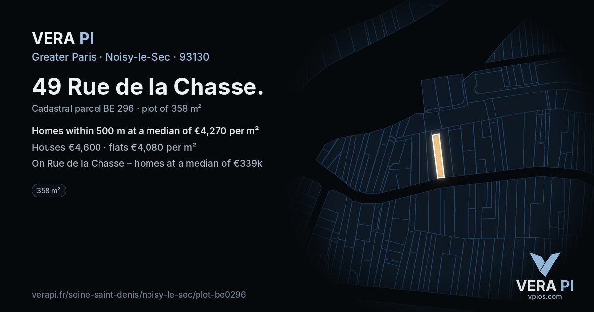 49 Rue de la Chasse, Noisy-le-Sec at night – the plot lit, the parcels around coloured by the prices near them
