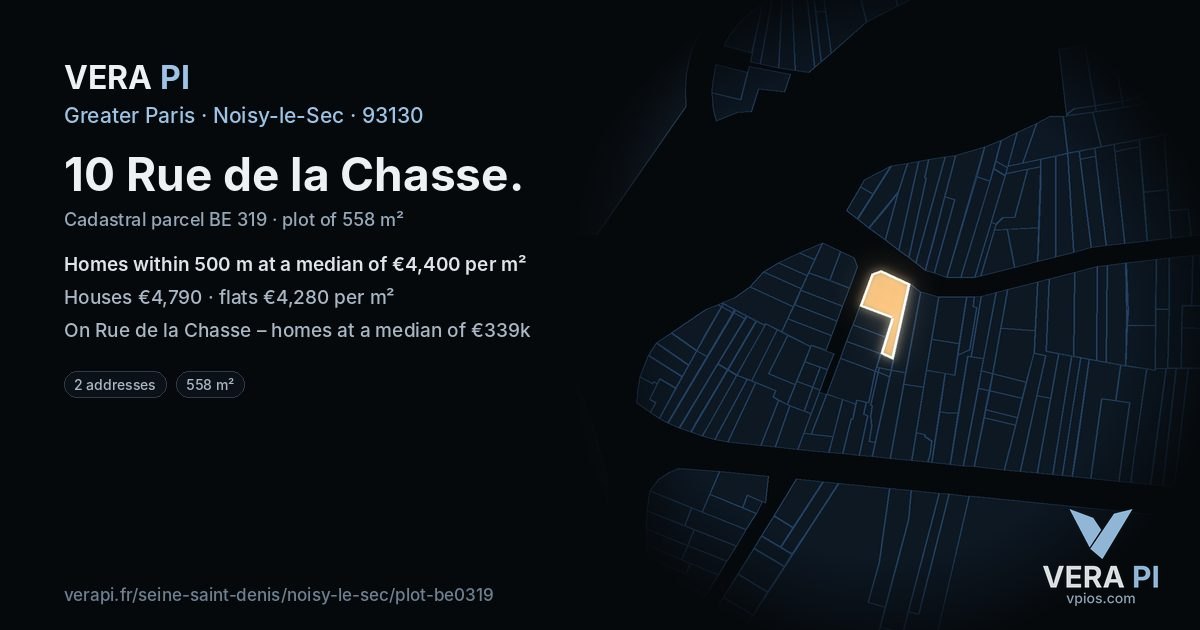 10 Rue de la Chasse, Noisy-le-Sec at night – the plot lit, the parcels around coloured by the prices near them