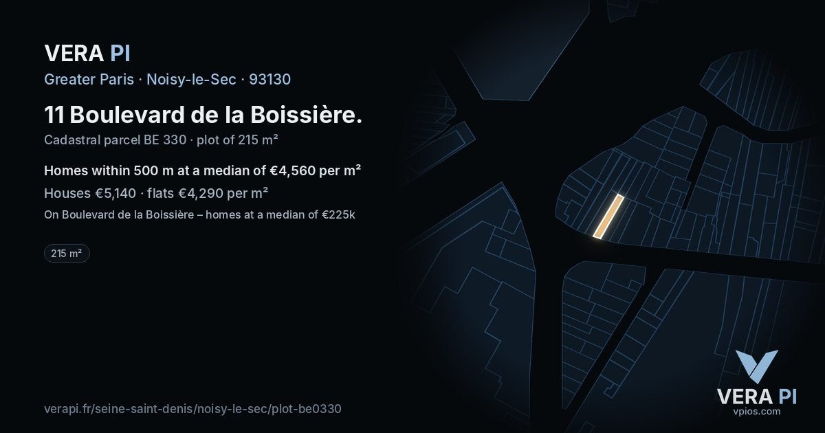 11 Boulevard de la Boissière, Noisy-le-Sec at night – the plot lit, the parcels around coloured by the prices near them