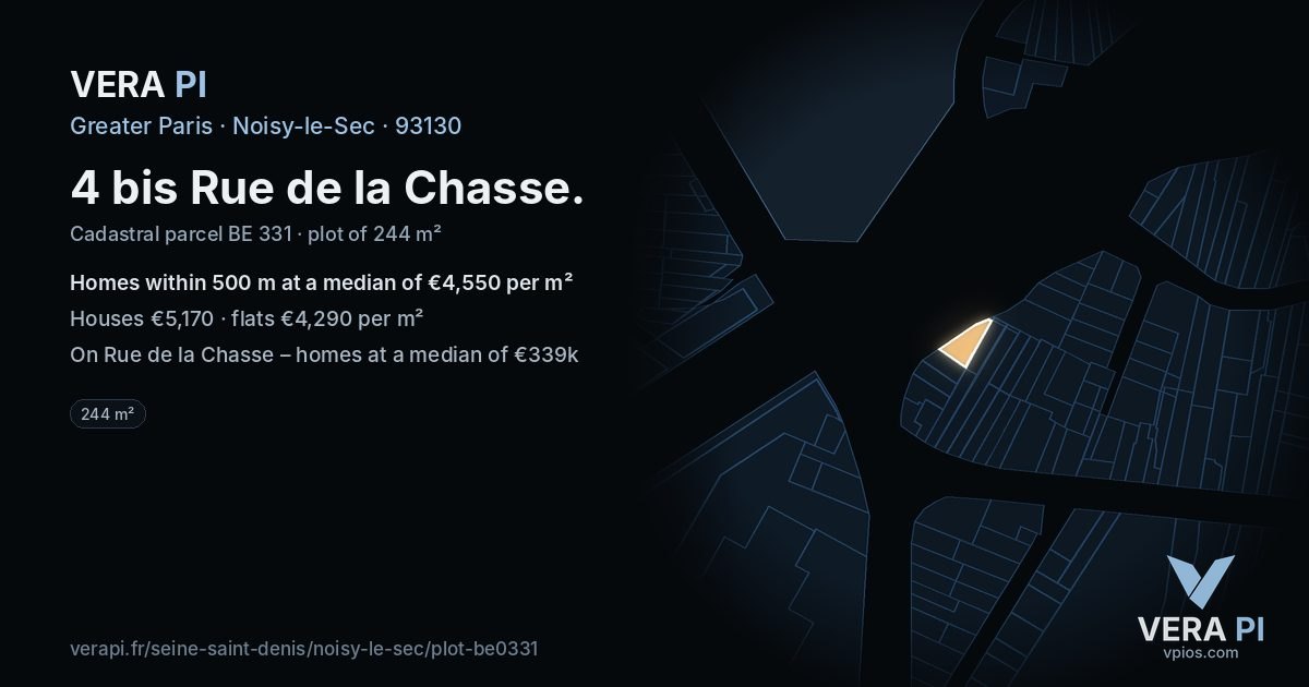 4 bis Rue de la Chasse, Noisy-le-Sec at night – the plot lit, the parcels around coloured by the prices near them