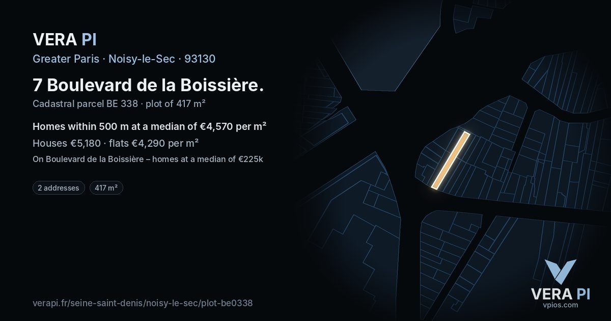 7 Boulevard de la Boissière, Noisy-le-Sec at night – the plot lit, the parcels around coloured by the prices near them
