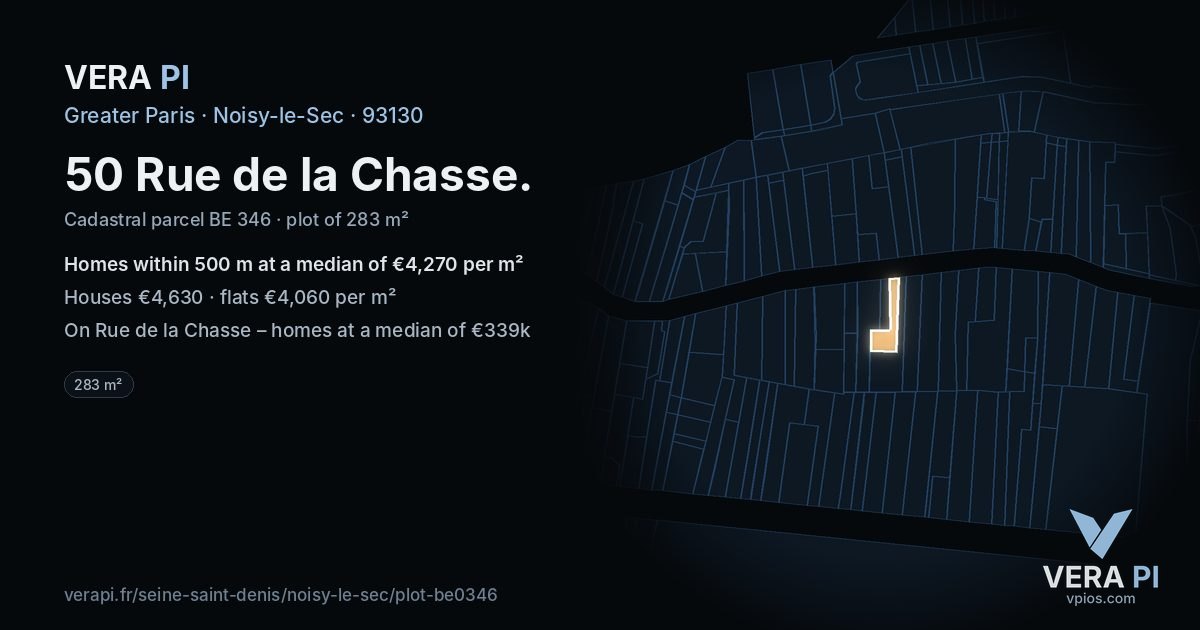 50 Rue de la Chasse, Noisy-le-Sec at night – the plot lit, the parcels around coloured by the prices near them