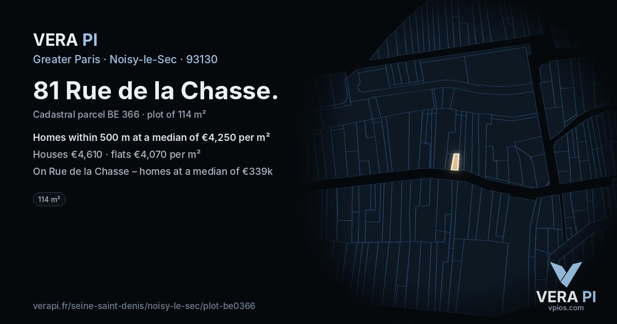 81 Rue de la Chasse, Noisy-le-Sec at night – the plot lit, the parcels around coloured by the prices near them