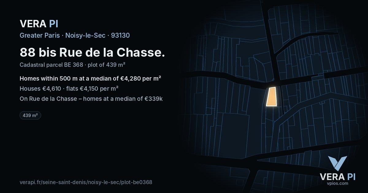88 bis Rue de la Chasse, Noisy-le-Sec at night – the plot lit, the parcels around coloured by the prices near them
