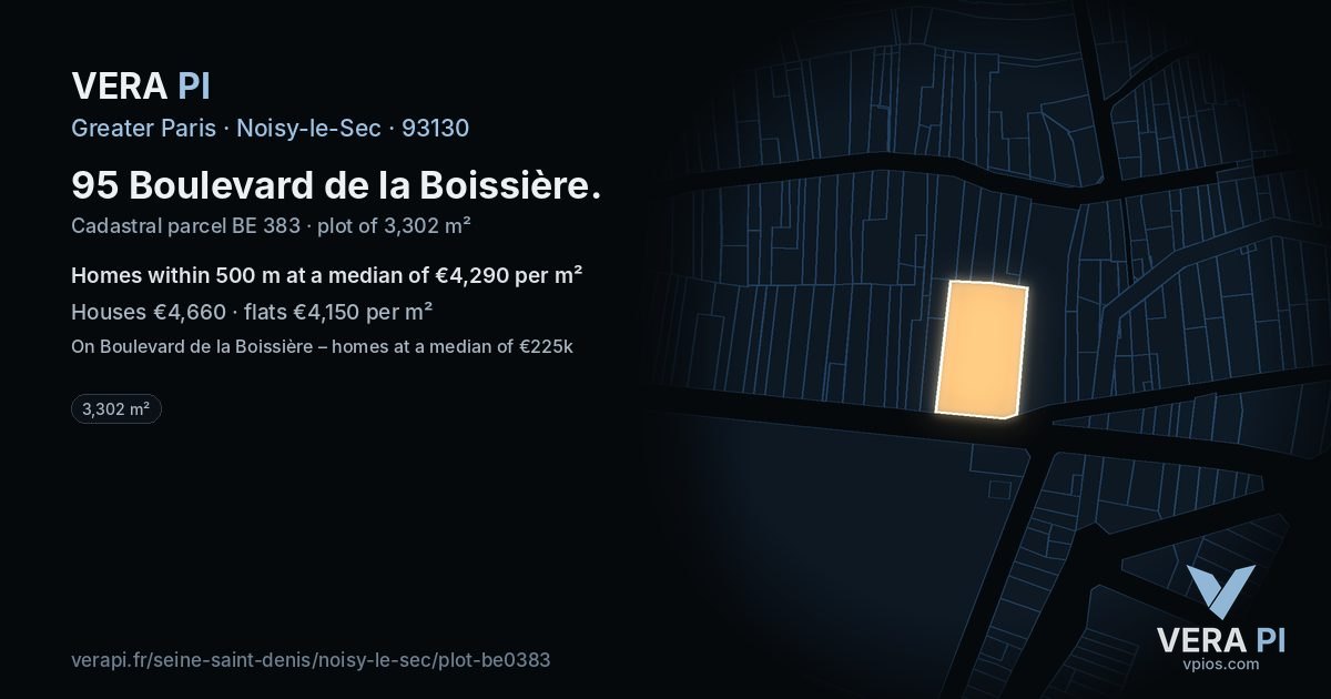95 Boulevard de la Boissière, Noisy-le-Sec at night – the plot lit, the parcels around coloured by the prices near them