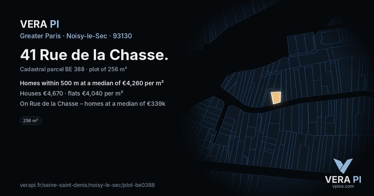 41 Rue de la Chasse, Noisy-le-Sec at night – the plot lit, the parcels around coloured by the prices near them