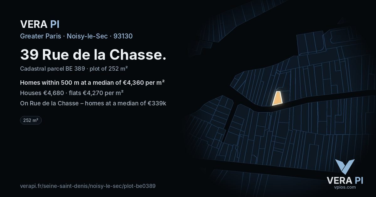 39 Rue de la Chasse, Noisy-le-Sec at night – the plot lit, the parcels around coloured by the prices near them