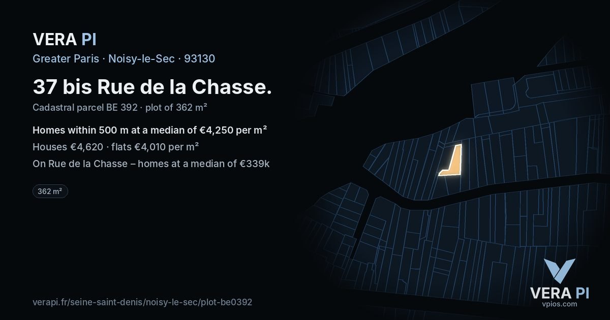 37 bis Rue de la Chasse, Noisy-le-Sec at night – the plot lit, the parcels around coloured by the prices near them