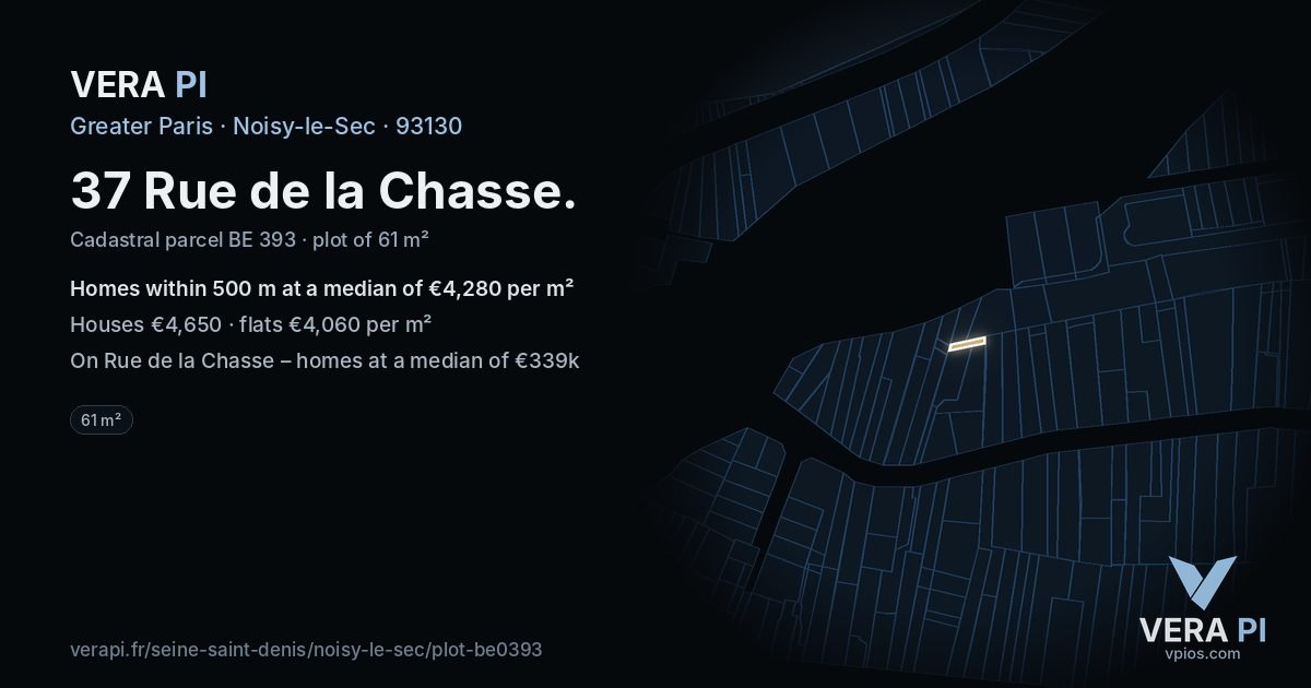 37 Rue de la Chasse, Noisy-le-Sec at night – the plot lit, the parcels around coloured by the prices near them