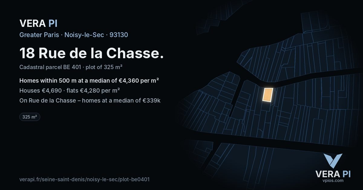 18 Rue de la Chasse, Noisy-le-Sec at night – the plot lit, the parcels around coloured by the prices near them