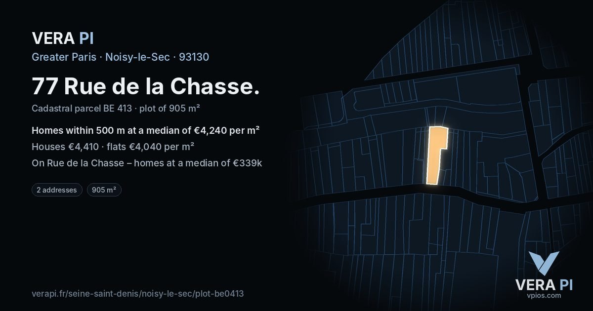 77 Rue de la Chasse, Noisy-le-Sec at night – the plot lit, the parcels around coloured by the prices near them