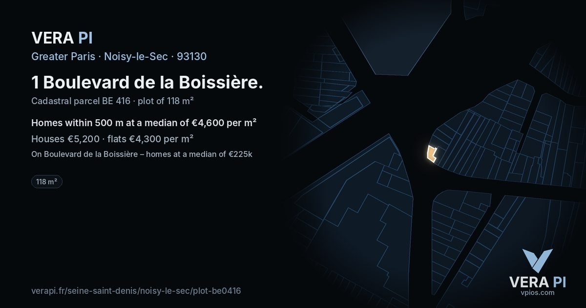1 Boulevard de la Boissière, Noisy-le-Sec at night – the plot lit, the parcels around coloured by the prices near them