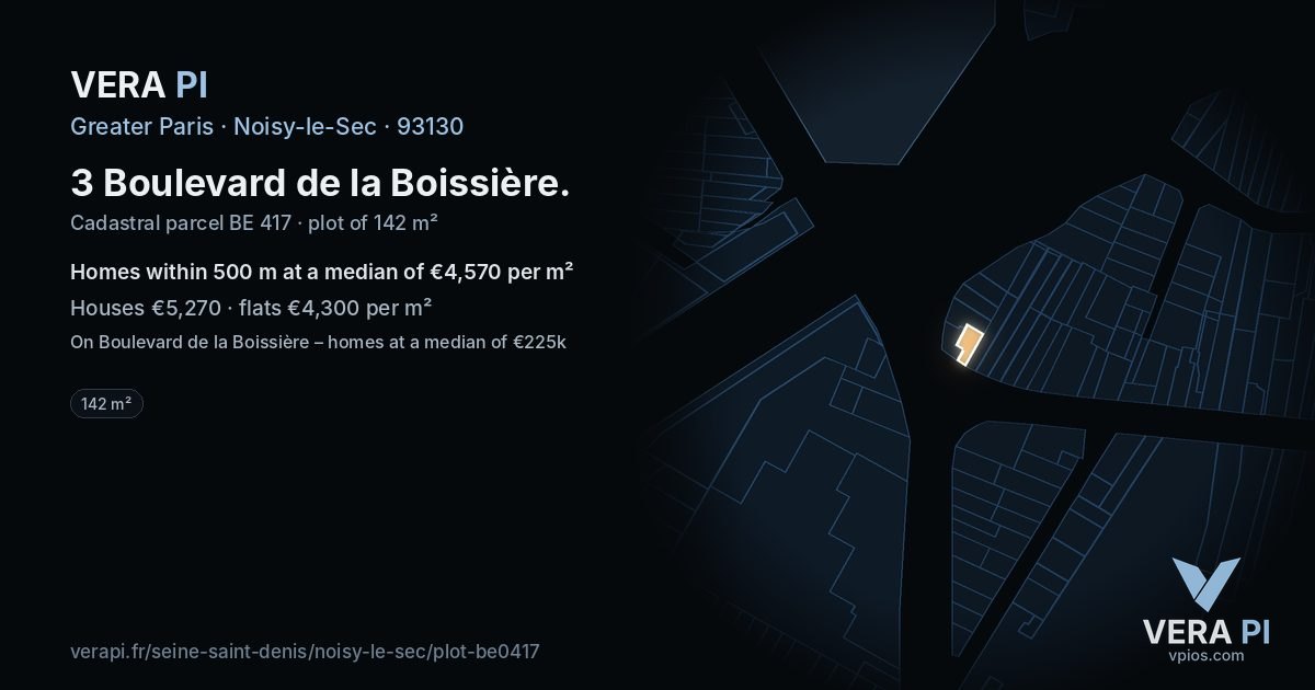 3 Boulevard de la Boissière, Noisy-le-Sec at night – the plot lit, the parcels around coloured by the prices near them