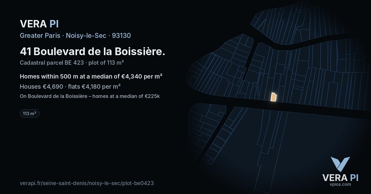 41 Boulevard de la Boissière, Noisy-le-Sec at night – the plot lit, the parcels around coloured by the prices near them