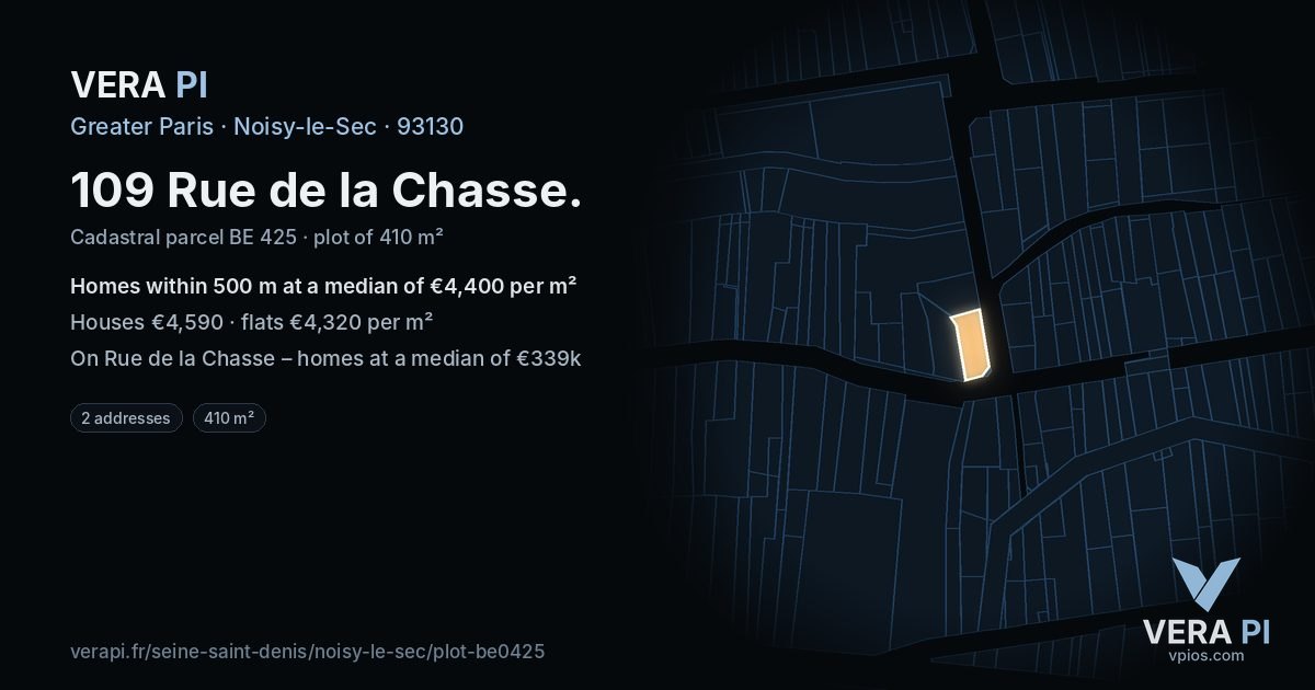 109 Rue de la Chasse, Noisy-le-Sec at night – the plot lit, the parcels around coloured by the prices near them