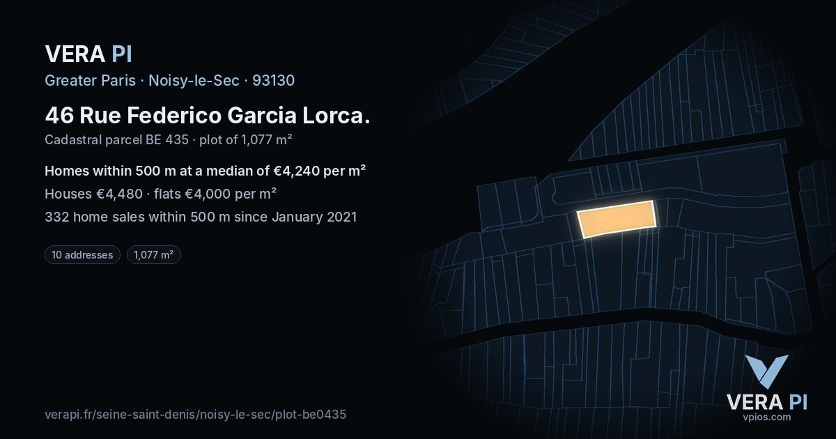 46 Rue Federico Garcia Lorca, Noisy-le-Sec at night – the plot lit, the parcels around coloured by the prices near them