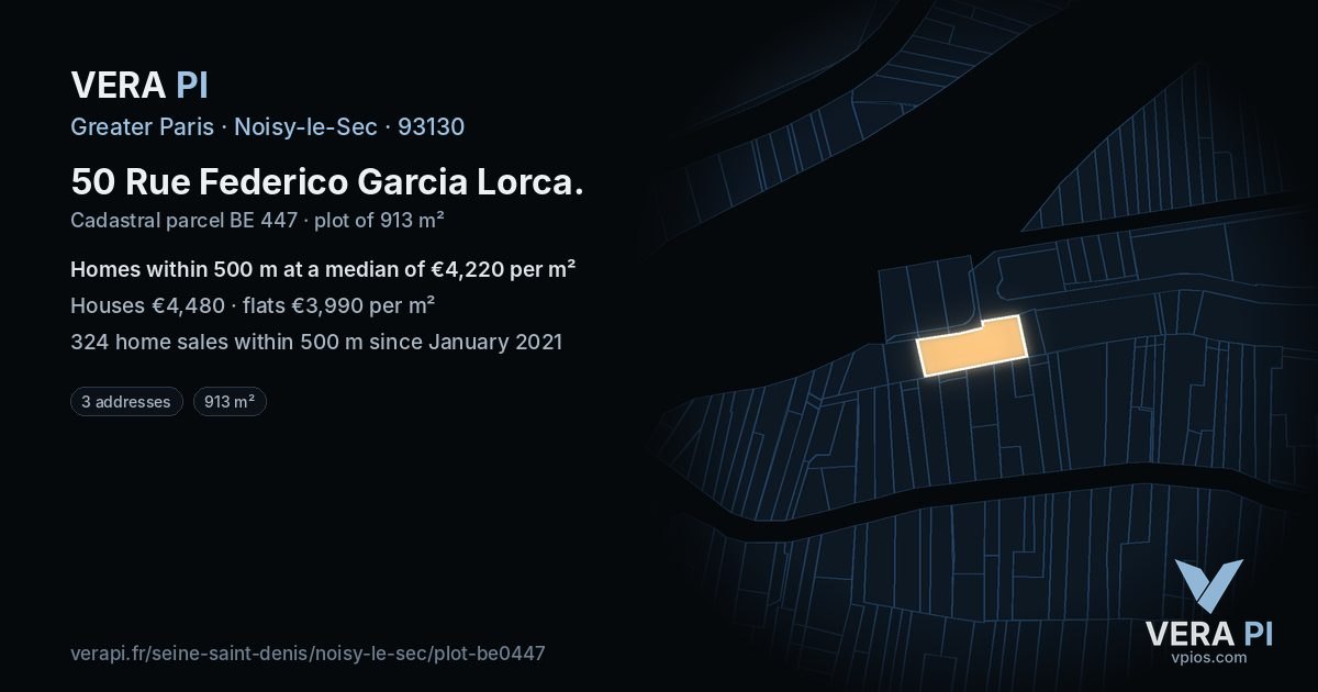 50 Rue Federico Garcia Lorca, Noisy-le-Sec at night – the plot lit, the parcels around coloured by the prices near them
