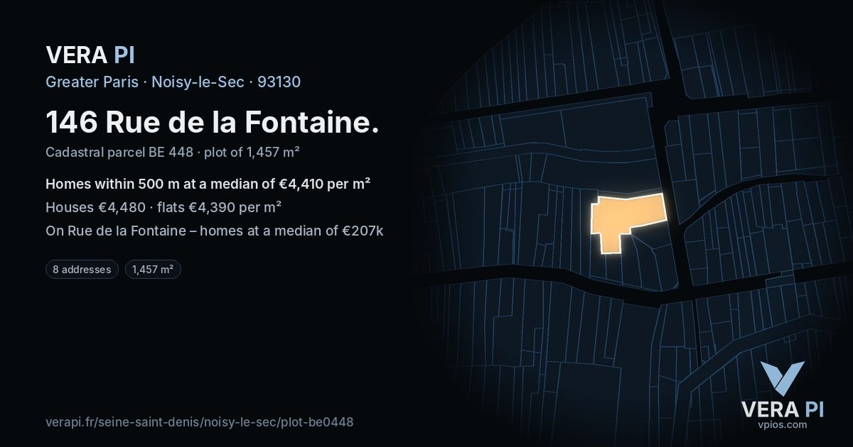 146 Rue de la Fontaine, Noisy-le-Sec at night – the plot lit, the parcels around coloured by the prices near them