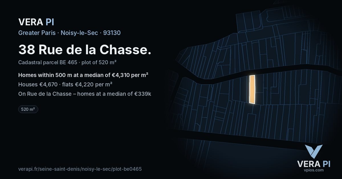 38 Rue de la Chasse, Noisy-le-Sec at night – the plot lit, the parcels around coloured by the prices near them
