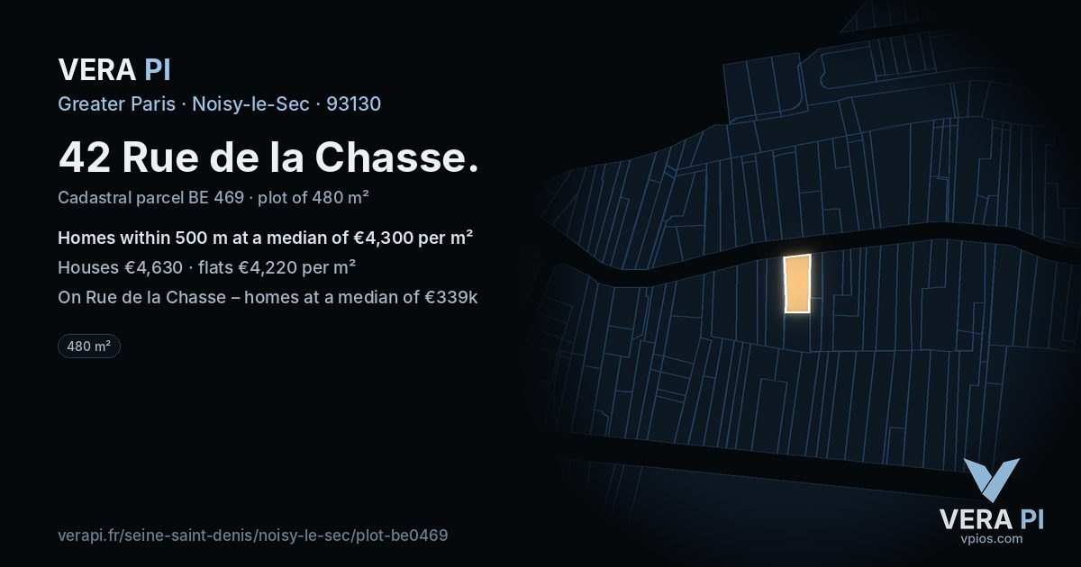 42 Rue de la Chasse, Noisy-le-Sec at night – the plot lit, the parcels around coloured by the prices near them