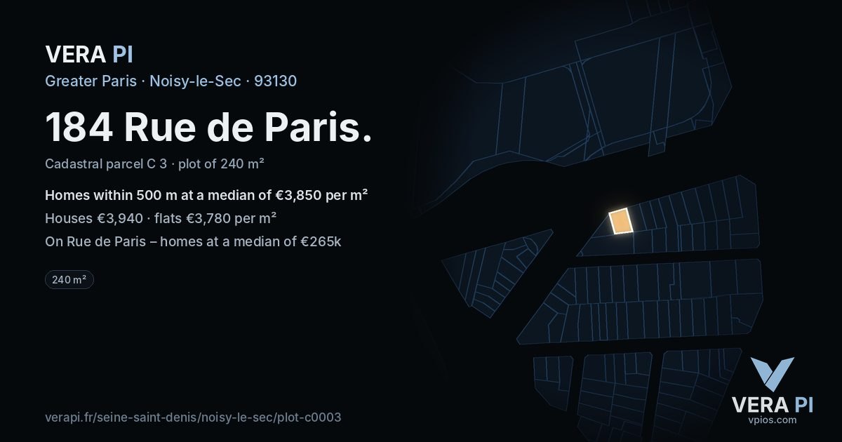 184 Rue de Paris, Noisy-le-Sec at night – the plot lit, the parcels around coloured by the prices near them