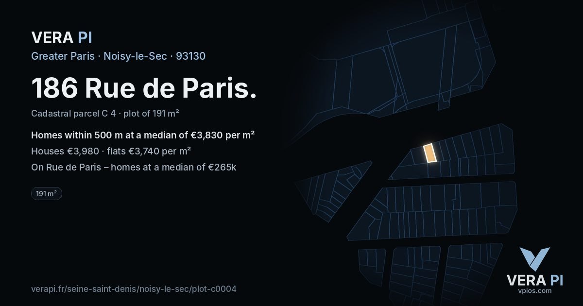 186 Rue de Paris, Noisy-le-Sec at night – the plot lit, the parcels around coloured by the prices near them