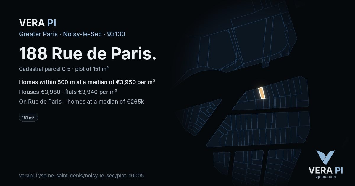 188 Rue de Paris, Noisy-le-Sec at night – the plot lit, the parcels around coloured by the prices near them