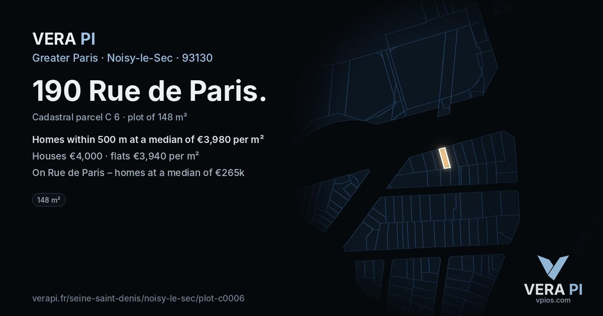 190 Rue de Paris, Noisy-le-Sec at night – the plot lit, the parcels around coloured by the prices near them