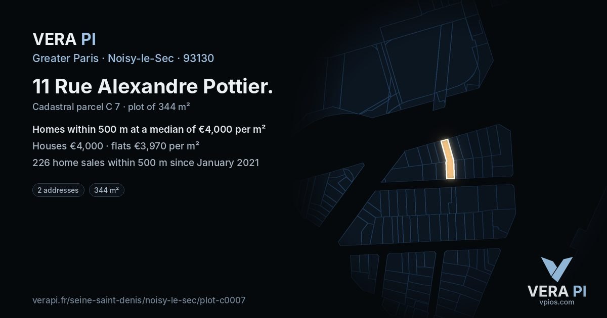 11 Rue Alexandre Pottier, Noisy-le-Sec at night – the plot lit, the parcels around coloured by the prices near them