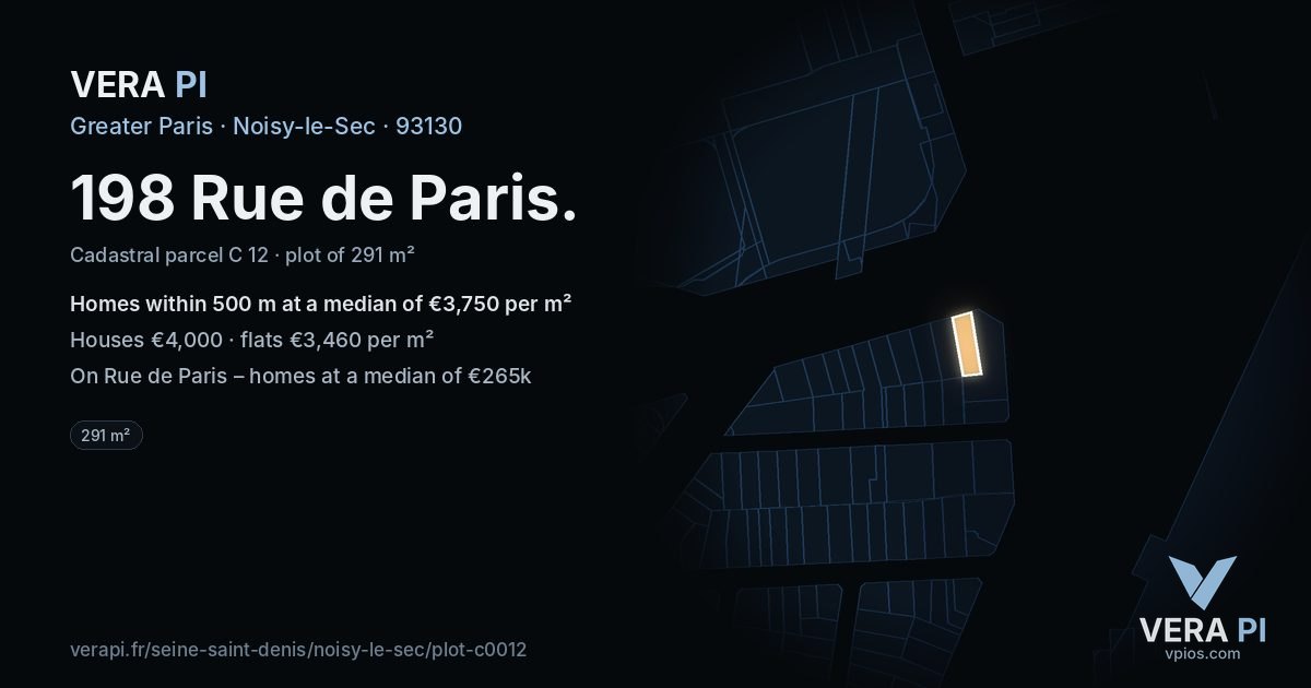 198 Rue de Paris, Noisy-le-Sec at night – the plot lit, the parcels around coloured by the prices near them