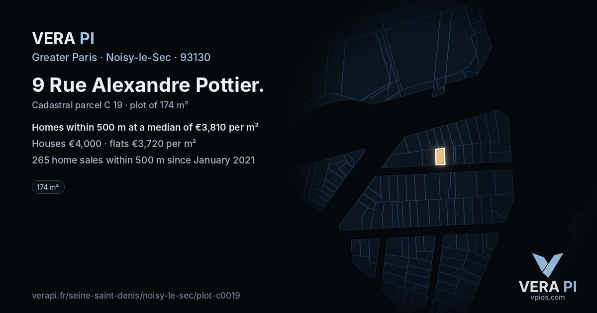 9 Rue Alexandre Pottier, Noisy-le-Sec at night – the plot lit, the parcels around coloured by the prices near them