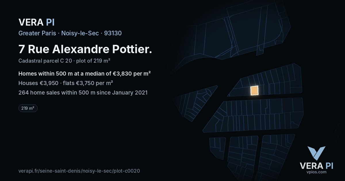 7 Rue Alexandre Pottier, Noisy-le-Sec at night – the plot lit, the parcels around coloured by the prices near them