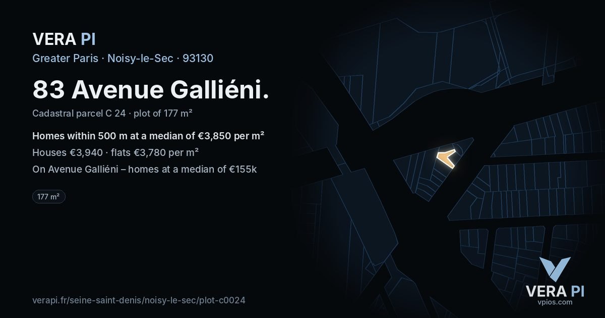 83 Avenue Galliéni, Noisy-le-Sec at night – the plot lit, the parcels around coloured by the prices near them
