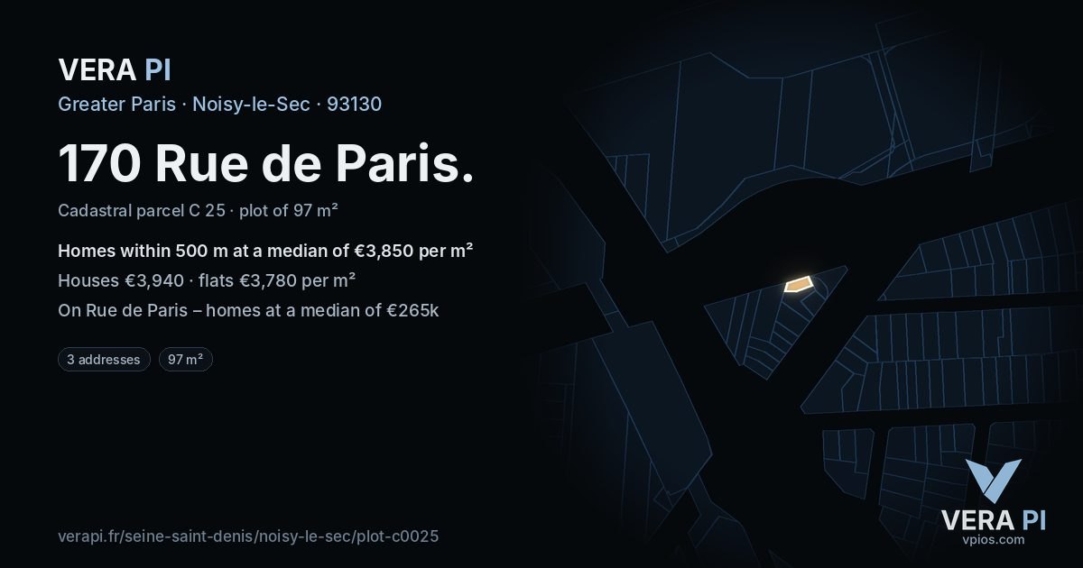 170 Rue de Paris, Noisy-le-Sec at night – the plot lit, the parcels around coloured by the prices near them