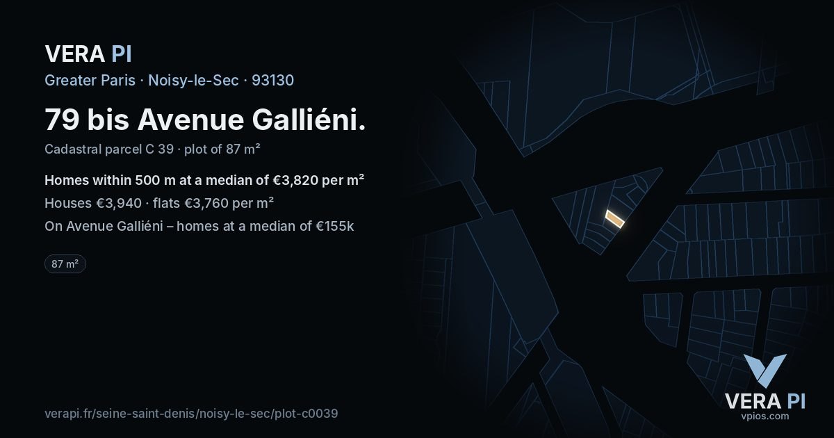 79 bis Avenue Galliéni, Noisy-le-Sec at night – the plot lit, the parcels around coloured by the prices near them