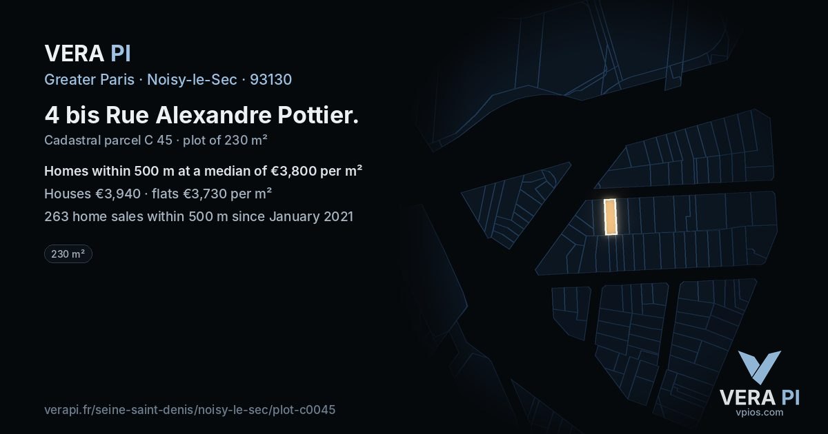 4 bis Rue Alexandre Pottier, Noisy-le-Sec at night – the plot lit, the parcels around coloured by the prices near them