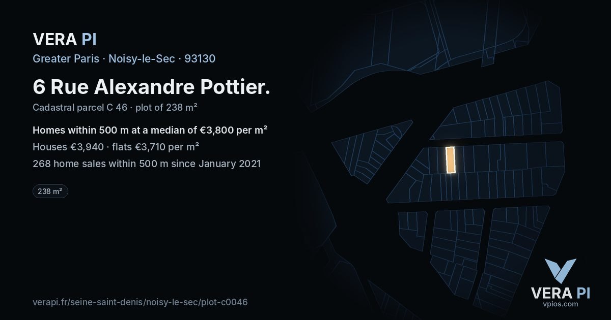 6 Rue Alexandre Pottier, Noisy-le-Sec at night – the plot lit, the parcels around coloured by the prices near them