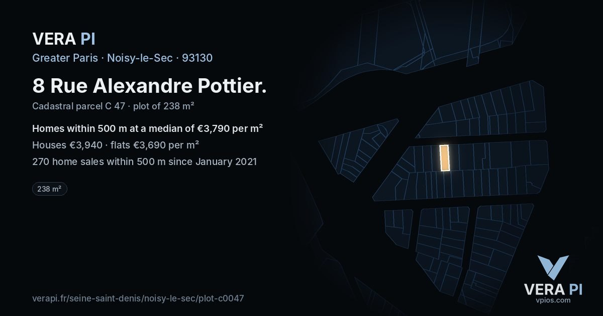 8 Rue Alexandre Pottier, Noisy-le-Sec at night – the plot lit, the parcels around coloured by the prices near them
