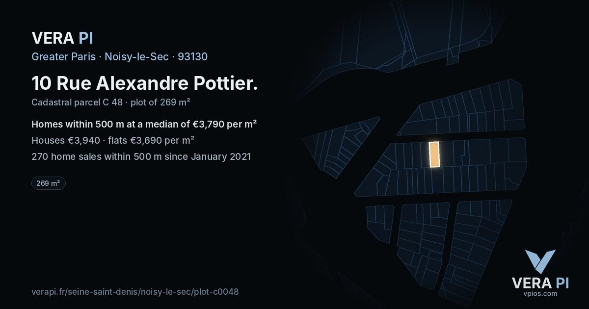 10 Rue Alexandre Pottier, Noisy-le-Sec at night – the plot lit, the parcels around coloured by the prices near them