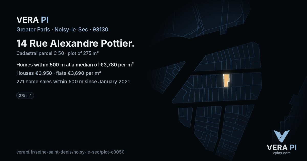 14 Rue Alexandre Pottier, Noisy-le-Sec at night – the plot lit, the parcels around coloured by the prices near them