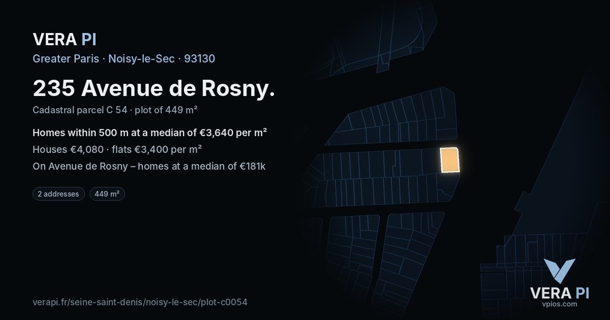 235 Avenue de Rosny, Noisy-le-Sec at night – the plot lit, the parcels around coloured by the prices near them