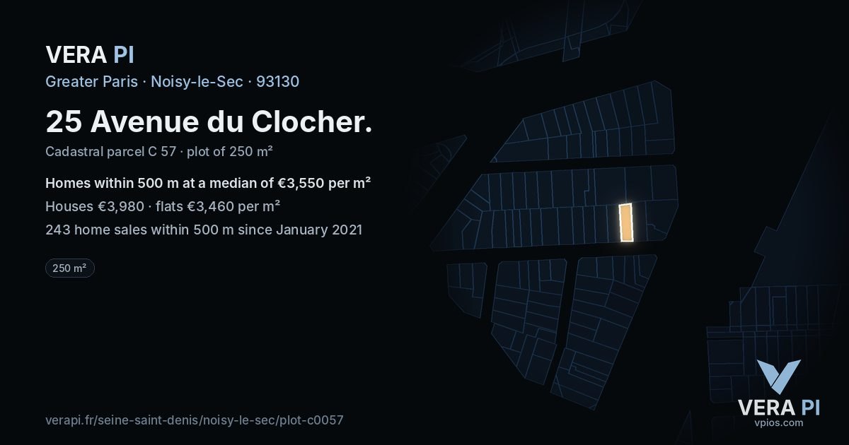 25 Avenue du Clocher, Noisy-le-Sec at night – the plot lit, the parcels around coloured by the prices near them