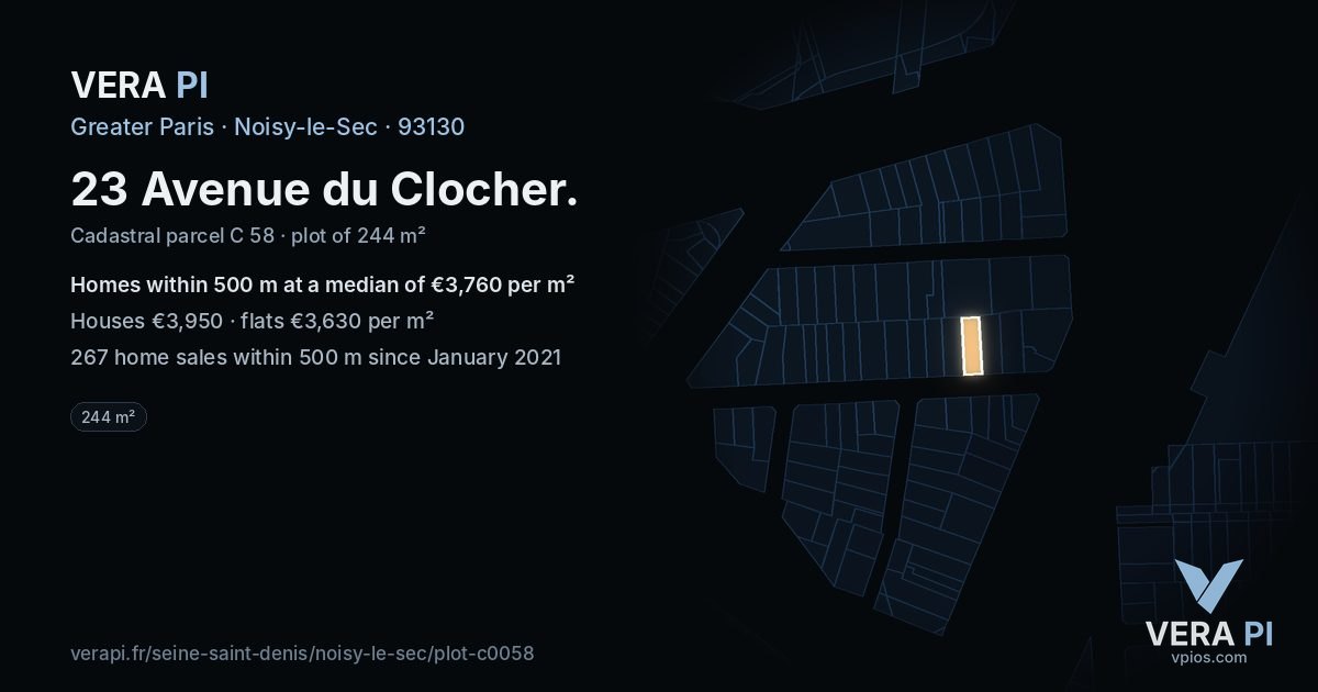 23 Avenue du Clocher, Noisy-le-Sec at night – the plot lit, the parcels around coloured by the prices near them