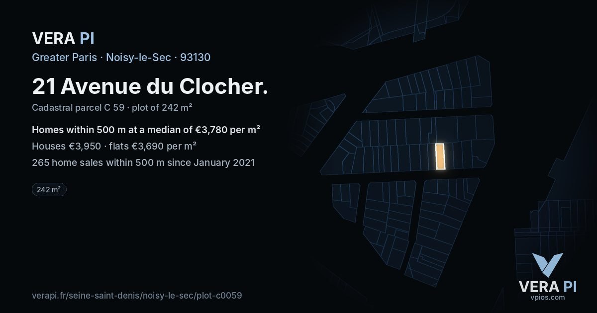 21 Avenue du Clocher, Noisy-le-Sec at night – the plot lit, the parcels around coloured by the prices near them