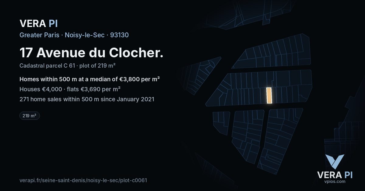 17 Avenue du Clocher, Noisy-le-Sec at night – the plot lit, the parcels around coloured by the prices near them