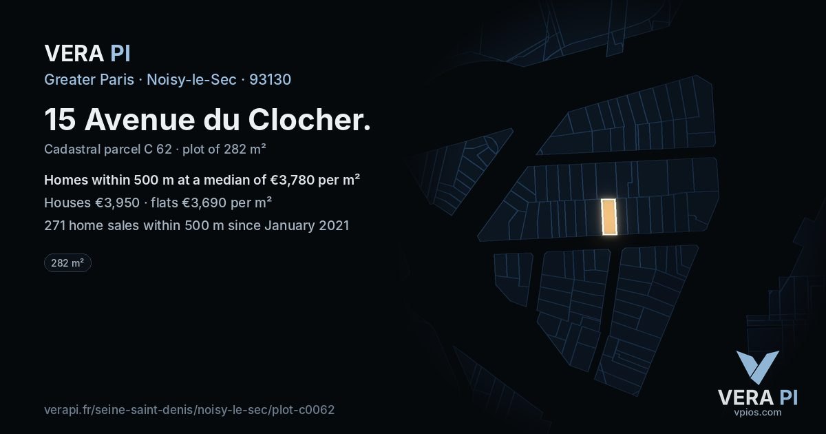 15 Avenue du Clocher, Noisy-le-Sec at night – the plot lit, the parcels around coloured by the prices near them