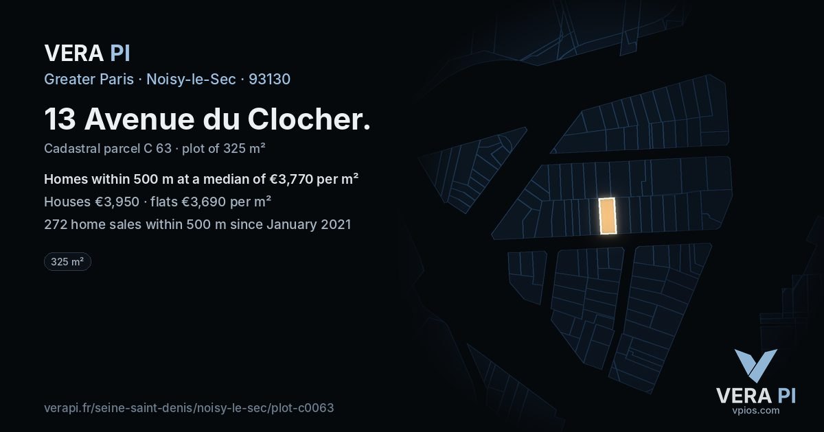 13 Avenue du Clocher, Noisy-le-Sec at night – the plot lit, the parcels around coloured by the prices near them
