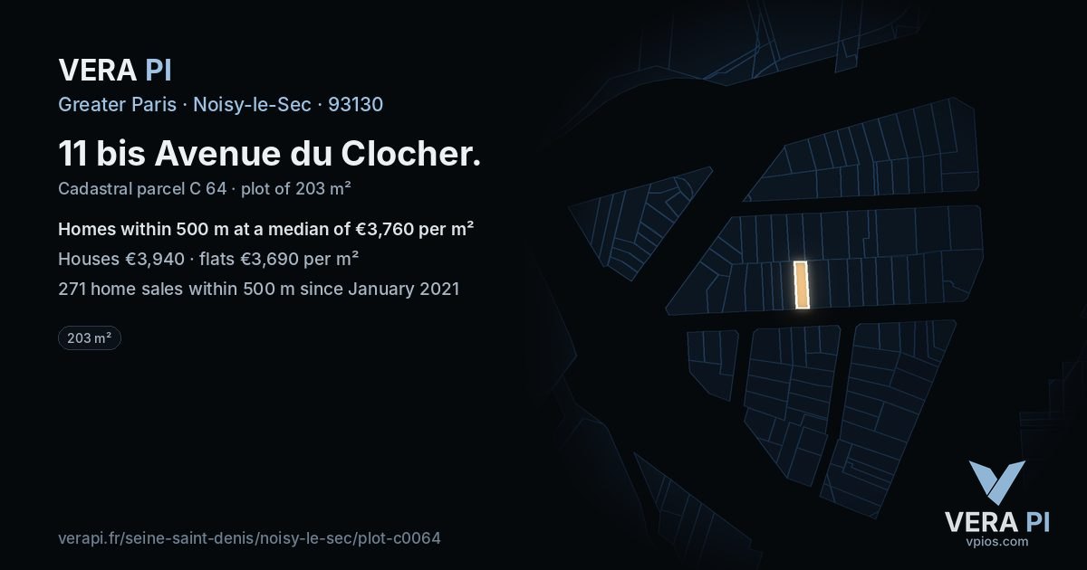 11 bis Avenue du Clocher, Noisy-le-Sec at night – the plot lit, the parcels around coloured by the prices near them