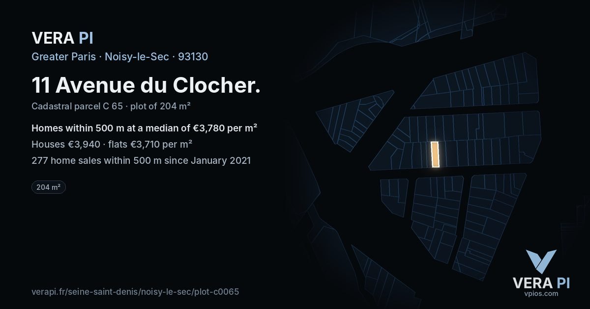 11 Avenue du Clocher, Noisy-le-Sec at night – the plot lit, the parcels around coloured by the prices near them